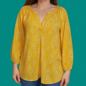 3/$30 SIONI Canary Yellow Geometric Ikat Split Neck Poet Blouse